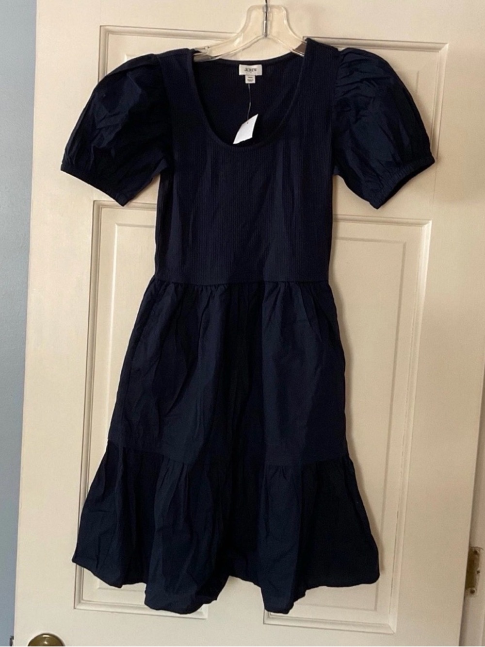 J.Crew Puff-sleeve knit mixy mini dress Navy Blue Size XXS NWT Weekend Brunch